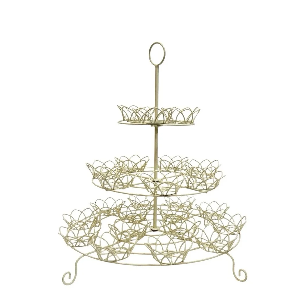 Vtg Wire Cup Cake Stand 3 Tier White 24 Cupcakes Flower Cottage Grannycore Party